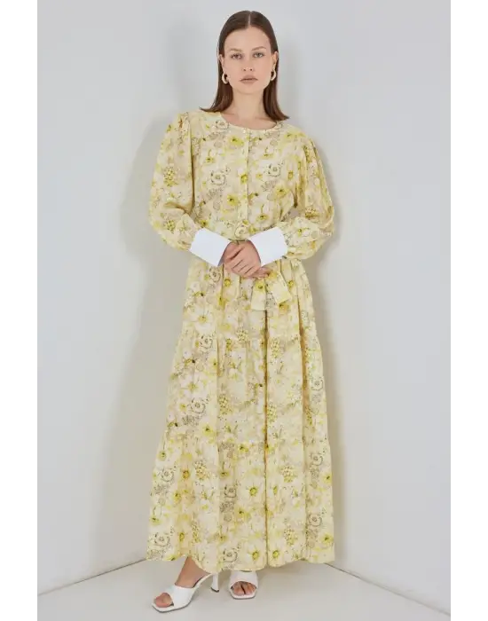 Kuşaklı Uzun Elbise 2584 - Sarı