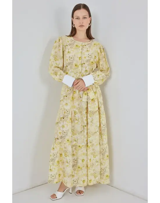 Kuşaklı Uzun Elbise 2584 - Sarı