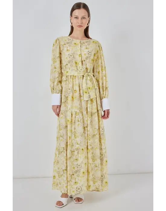 Kuşaklı Uzun Elbise 2584 - Sarı