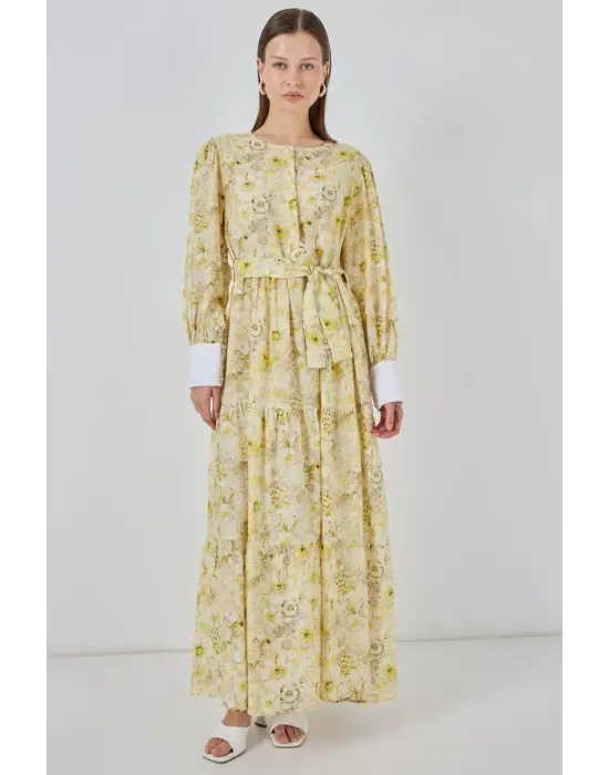 Kuşaklı Uzun Elbise 2584 - Sarı