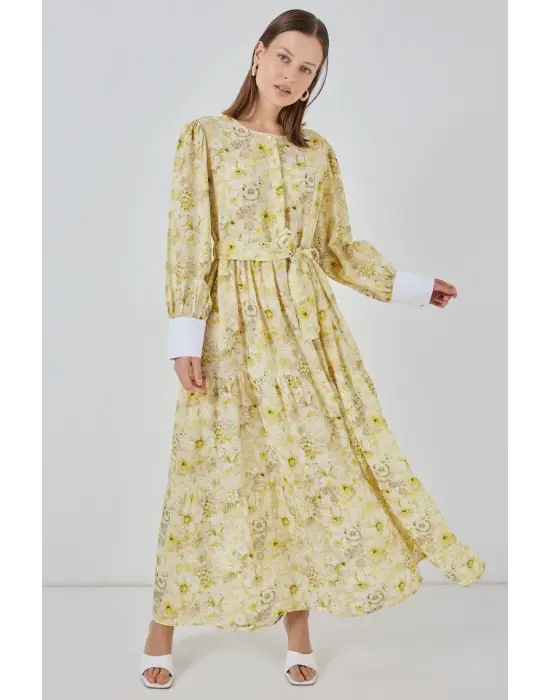 Kuşaklı Uzun Elbise 2584 - Sarı
