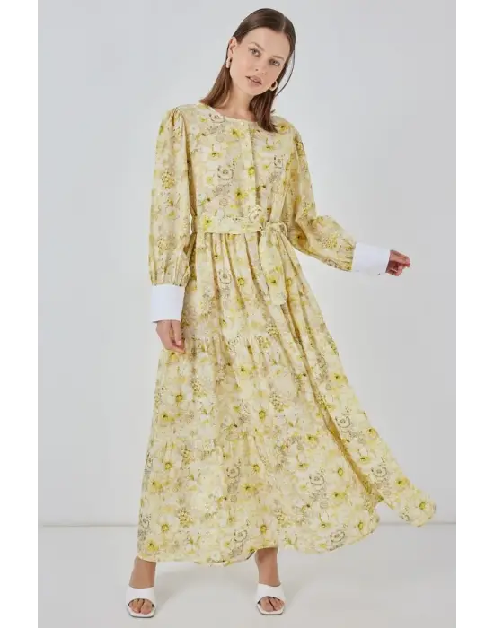 Kuşaklı Uzun Elbise 2584 - Sarı