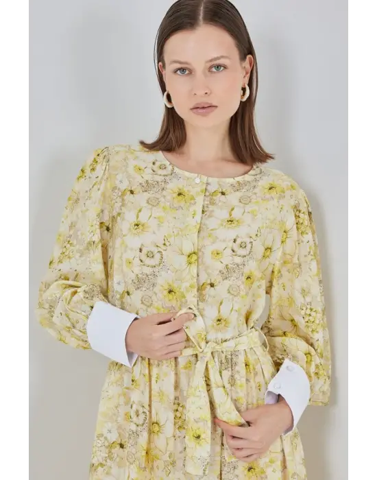 Kuşaklı Uzun Elbise 2584 - Sarı