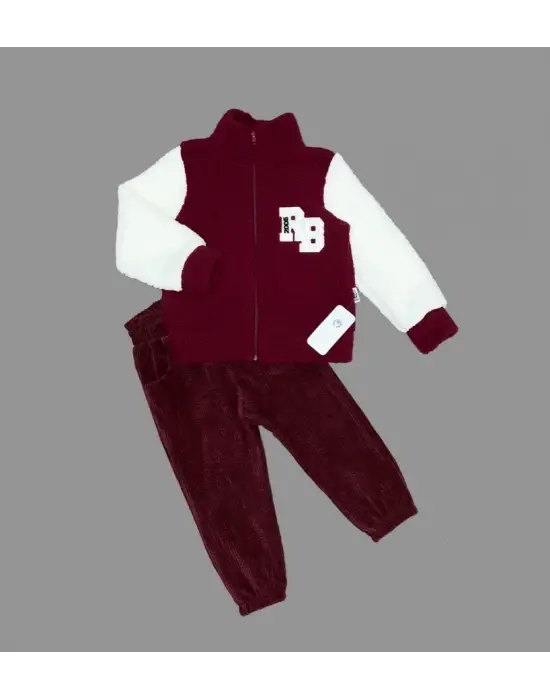 Omarı Kuzu Kumaş Fermuarlı Sweat Kadife Çocuk 2li Takım Bordo