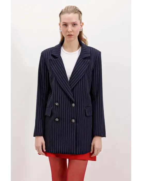 Lacivert Çift Düğmeli Çizgili Blazer Ceket 0699
