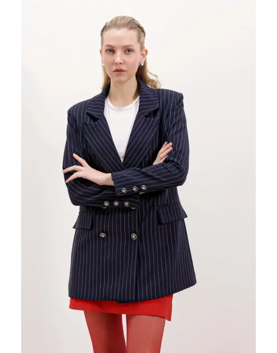 Lacivert Çift Düğmeli Çizgili Blazer Ceket 0699