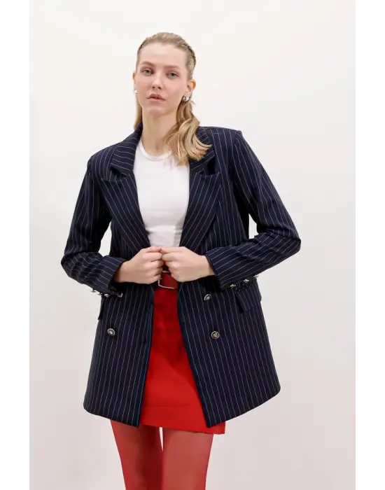 Lacivert Çift Düğmeli Çizgili Blazer Ceket 0699