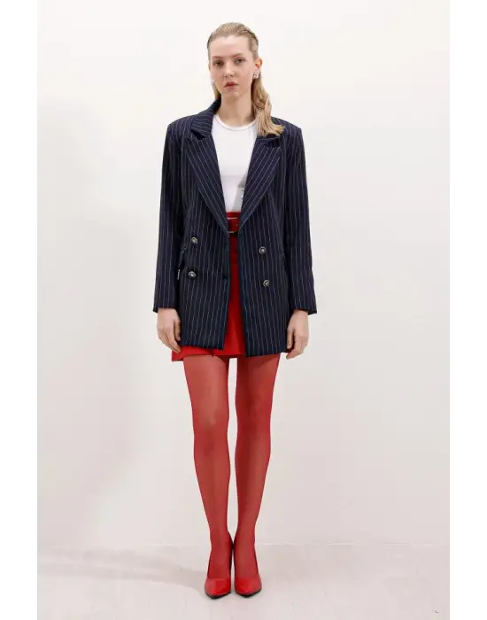 Lacivert Çift Düğmeli Çizgili Blazer Ceket 0699