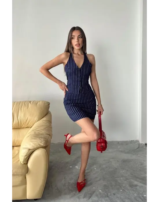Lacivert Çizgili Yelek Ve Etek Takım
