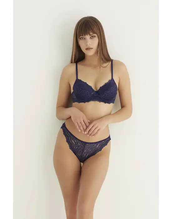 Omarı Dantelli Lacivert Slip Sütyen Takımı