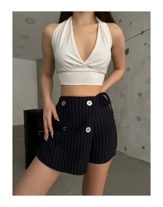 Omarı Elegan Lacivert Çizgili Şort Etek