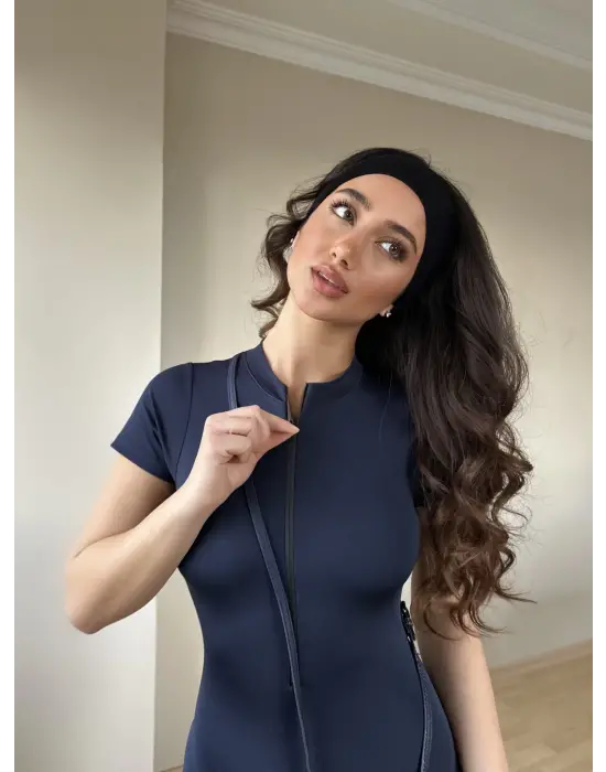 Omarı Fermuarlı Lacivert Şort Tulumu