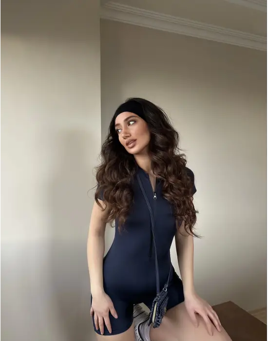 Omarı Fermuarlı Lacivert Şort Tulumu