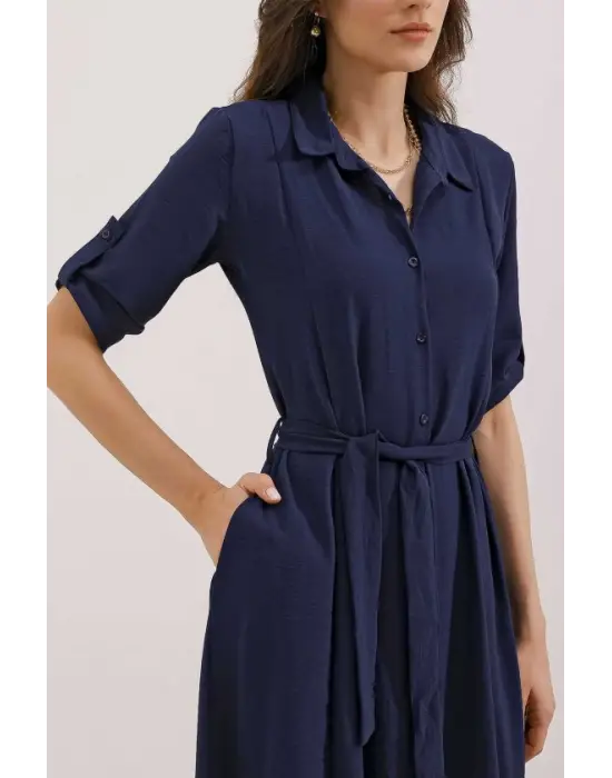 Lacivert Kuşaklı Gömlek Elbise 2442
