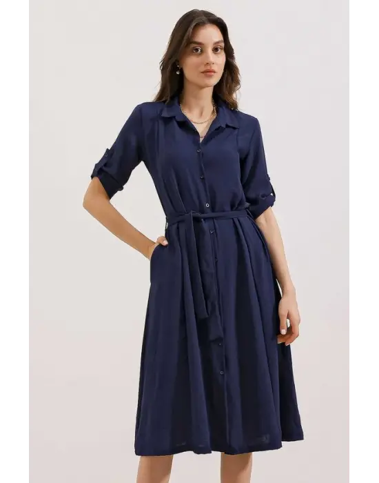 Lacivert Kuşaklı Gömlek Elbise 2442