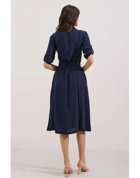 Lacivert Kuşaklı Gömlek Elbise 2442