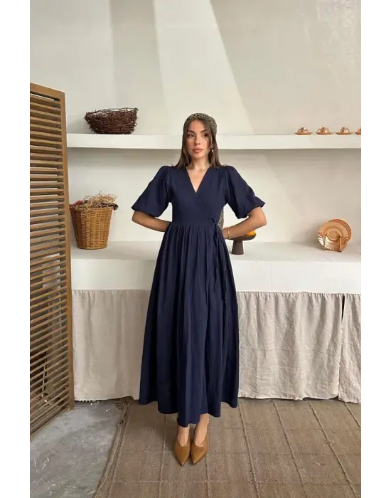 Lacivert Müslin Uzun Elbise