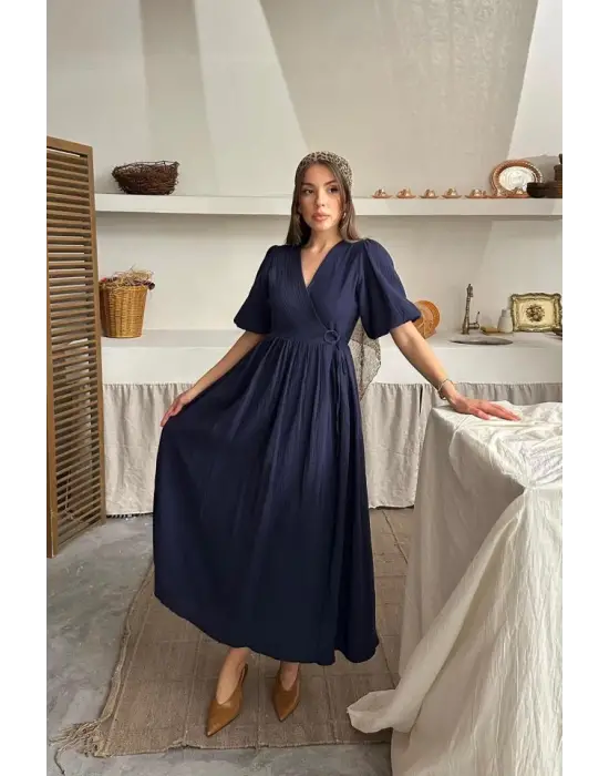 Lacivert Müslin Uzun Elbise