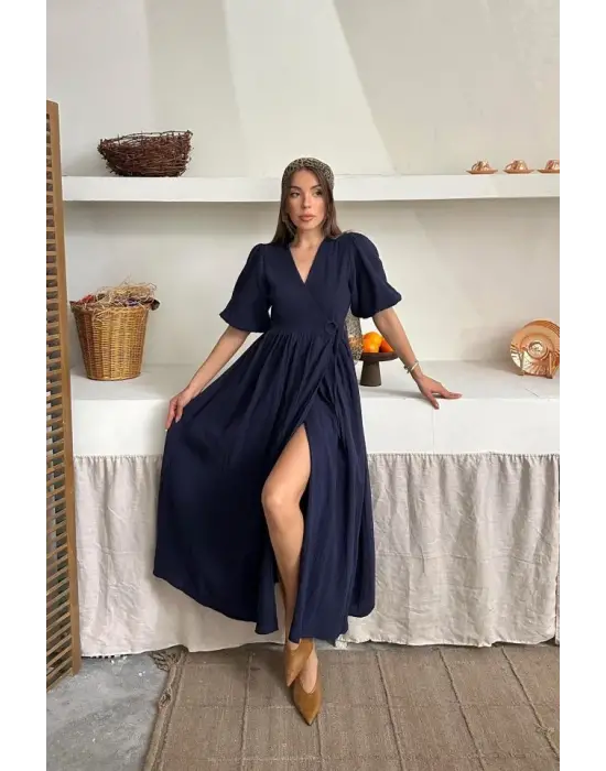 Lacivert Müslin Uzun Elbise