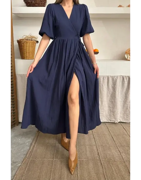 Lacivert Müslin Uzun Elbise