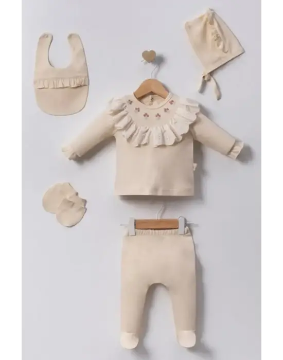 Lale Nakışlı Yenidoğan Kız Bebek 5 Parça Hastane Çıkışı Zıbın Seti