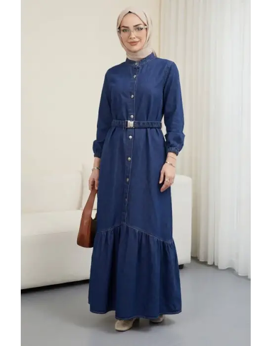 Lastik Kemerli Düğmeli Uzun Kot Elbise  -Laci
