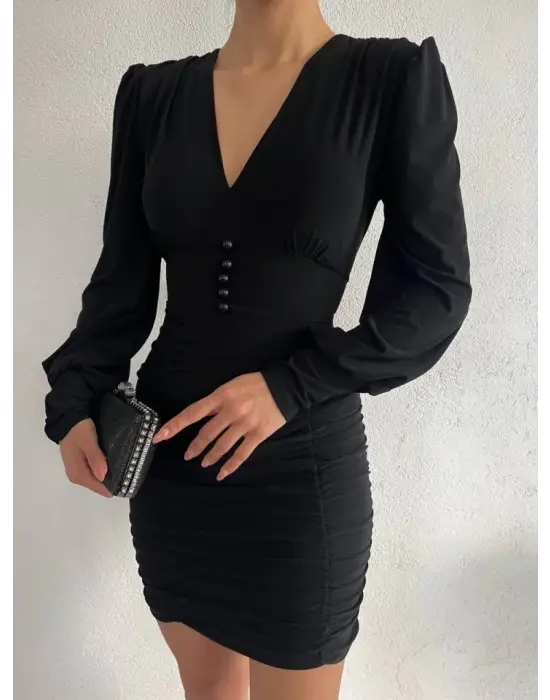 Omarı Siyah Lastikli Düğmeli V Yaka Mini Elbise