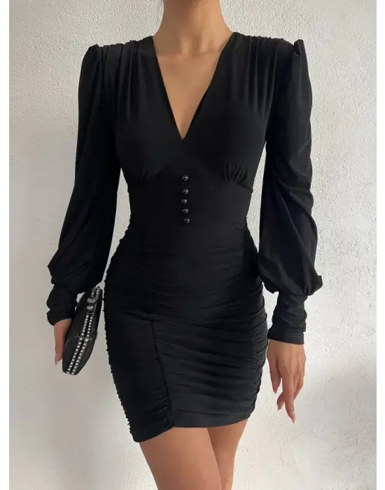 Omarı Siyah Lastikli Düğmeli V Yaka Mini Elbise