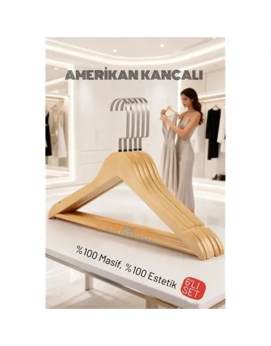 LasVegas Ahşap Elbise Askısı - 6lı Set, Lüks Amerikan Kancalı Gardırop Düzenleyici
