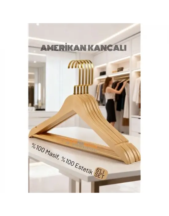 LasVegas Ahşap Elbise Askısı - 6lı Set, Lüks Amerikan Kancalı Gardırop Düzenleyici