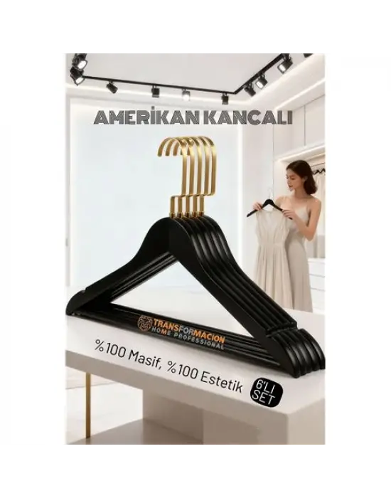 LasVegas Ahşap Elbise Askısı - 6lı Set, Lüks Amerikan Kancalı Gardırop Düzenleyici