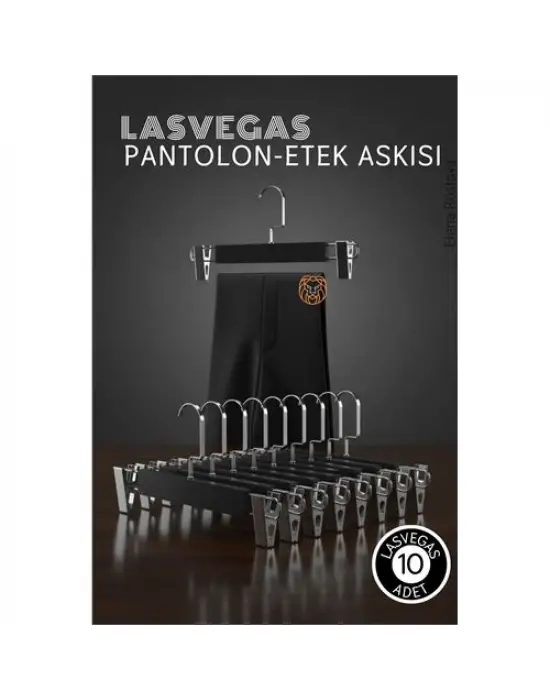 LasVegas  Siyah Ahşap Pantolon ve Etek Askı Seti 10lu Set, Lüks Amerikan Kancalı