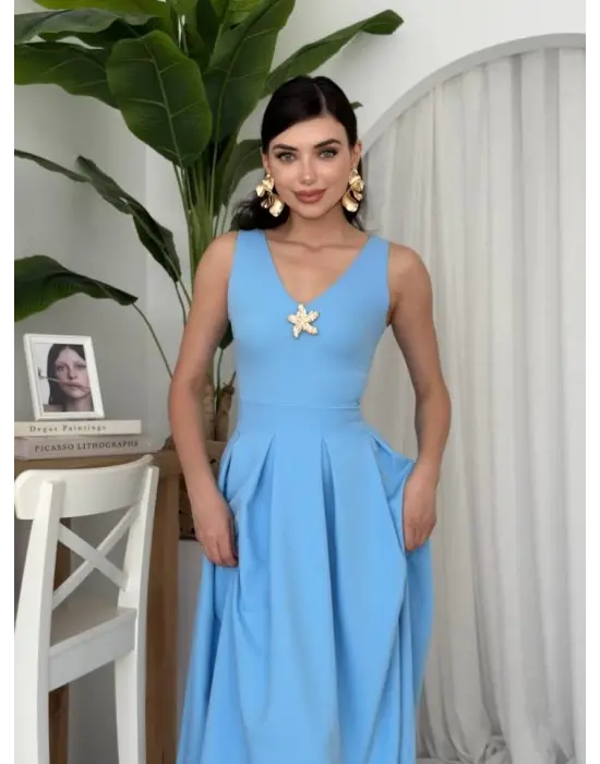 Omarı Yıldız Desenli Gece Elbisesi