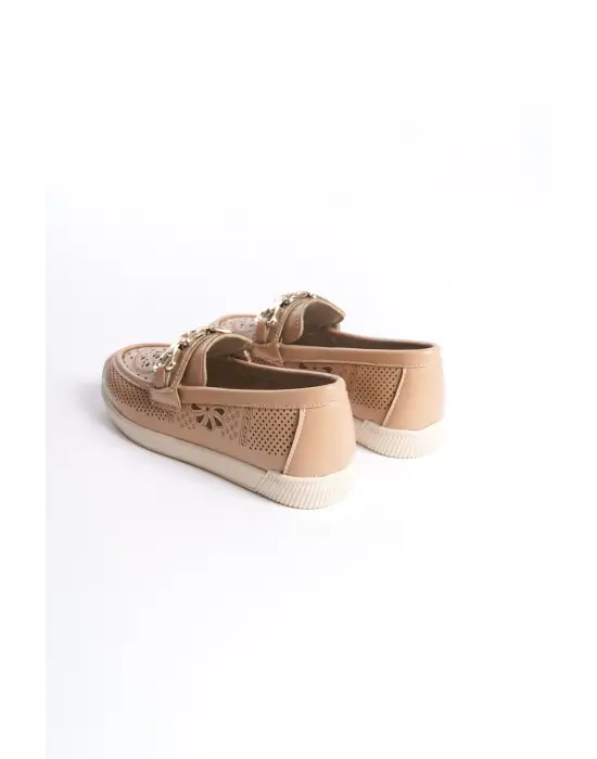 LAYLA Bağcıksız Rahat tabanlı ayakkabı Rahat Tabaan Çiçek Desenli Bayan Babet Ayakkabı  CKısa Topuk - Ten