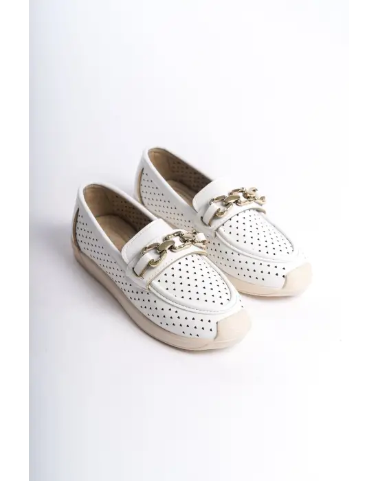 LAYLA Bağcıksız Rahat tabanlı ayakkabı Rahat Tabaan Kalp Desenli Bayan Babet Ayakkabı  CKısa Topuk - Beyaz