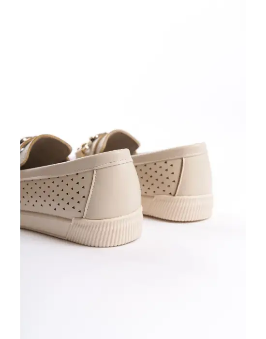 Şık Kalp Desenli Babet Ayakkabı - Krem