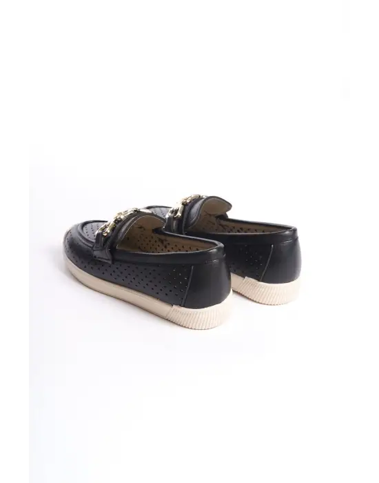 LAYLA Bağcıksız Rahat tabanlı ayakkabı Rahat Tabaan Kalp Desenli Bayan Babet Ayakkabı CKısa Topuk - Siyah