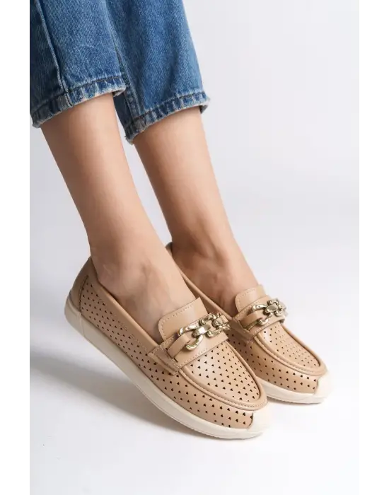 LAYLA Bağcıksız Rahat tabanlı ayakkabı Rahat Tabaan Kalp Desenli Bayan Babet Ayakkabı CKısa Topuk - Ten