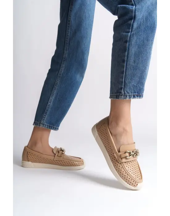 LAYLA Bağcıksız Rahat tabanlı ayakkabı Rahat Tabaan Kalp Desenli Bayan Babet Ayakkabı CKısa Topuk - Ten