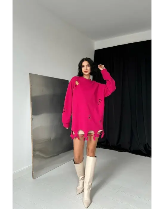 Omarı Parlak Fuşya Lazer Kesim Bluz