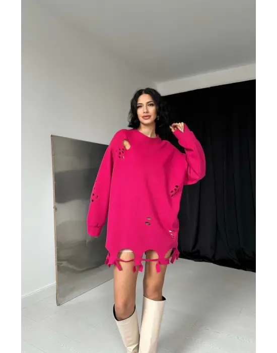 Omarı Parlak Fuşya Lazer Kesim Bluz