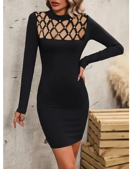 Omarı Şık Lazer Kesim Detaylı Kadın Elbise