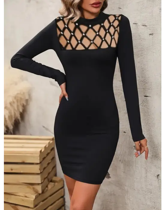 Omarı Şık Lazer Kesim Detaylı Kadın Elbise