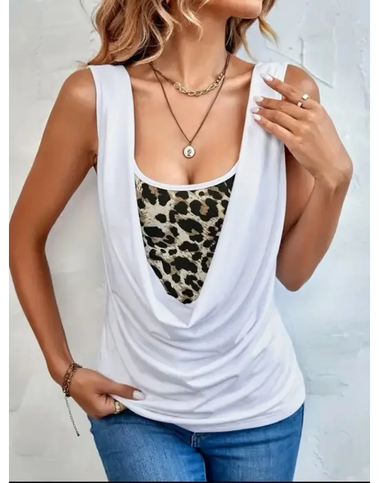 Omarı Leopar Detaylı Kolsuz Kadın Bluz