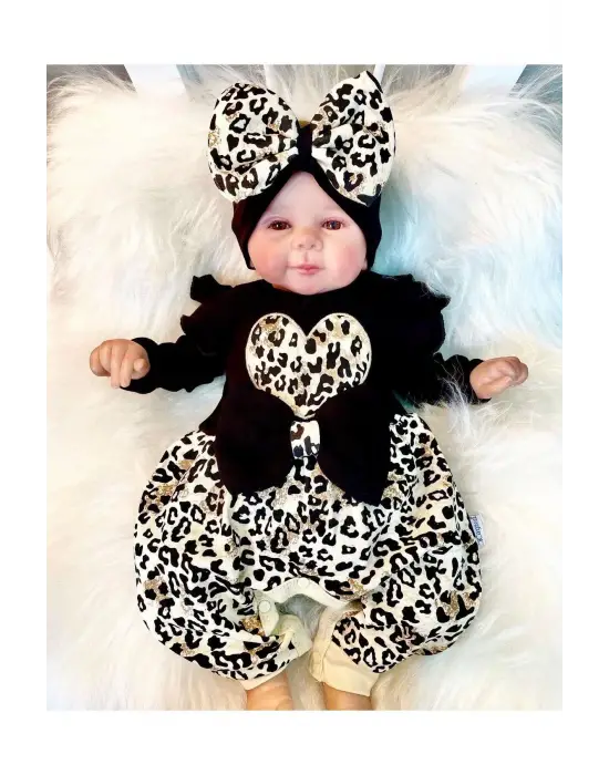 Leopar Desenli Fiyonklu % 100 Pamuk Kız Bebek Tulum