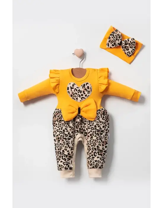Leopar Desenli Fiyonklu % 100 Pamuk Kız Bebek Tulum