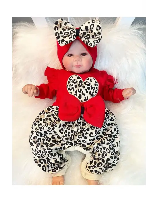 Leopar Desenli Fiyonklu % 100 Pamuk Kız Bebek Tulum