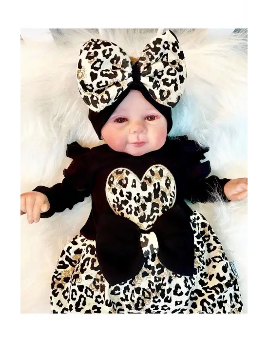 Leopar Desenli Fiyonklu % 100 Pamuk Kız Bebek Tulum