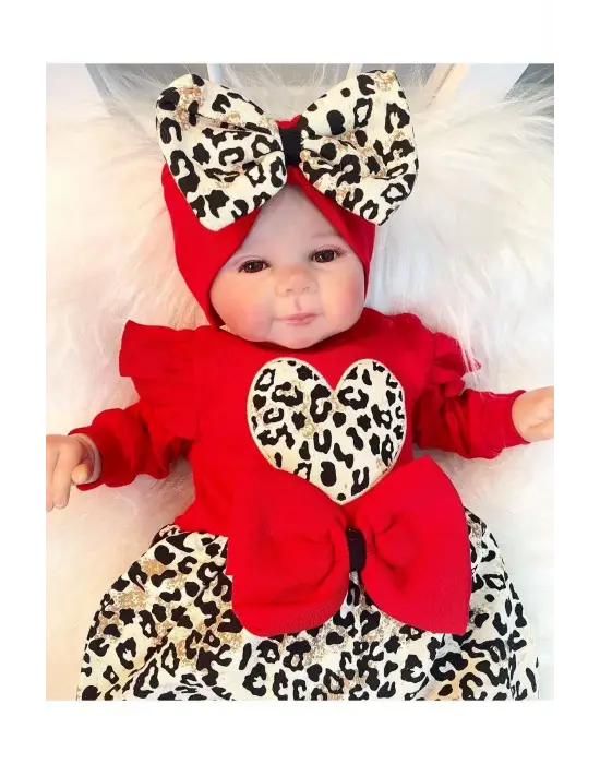 Leopar Desenli Fiyonklu % 100 Pamuk Kız Bebek Tulum