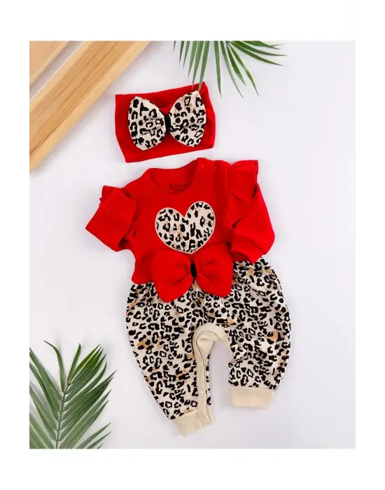 Leopar Desenli Fiyonklu % 100 Pamuk Kız Bebek Tulum